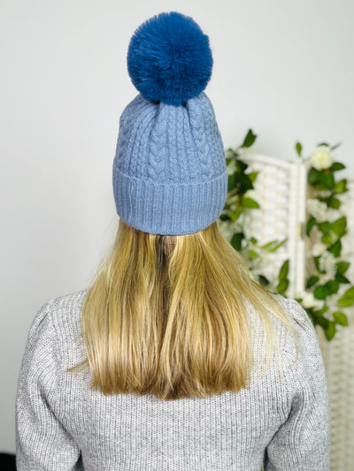 Sky Blue Knit Faux Fur Pom Hat