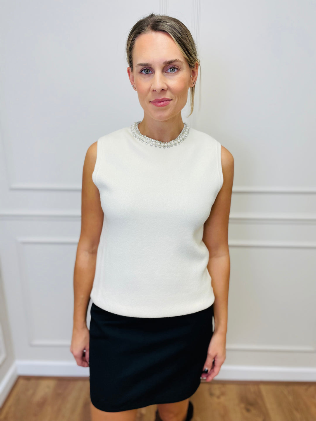 "SCARLET” Embellished Knit Top-Ivory