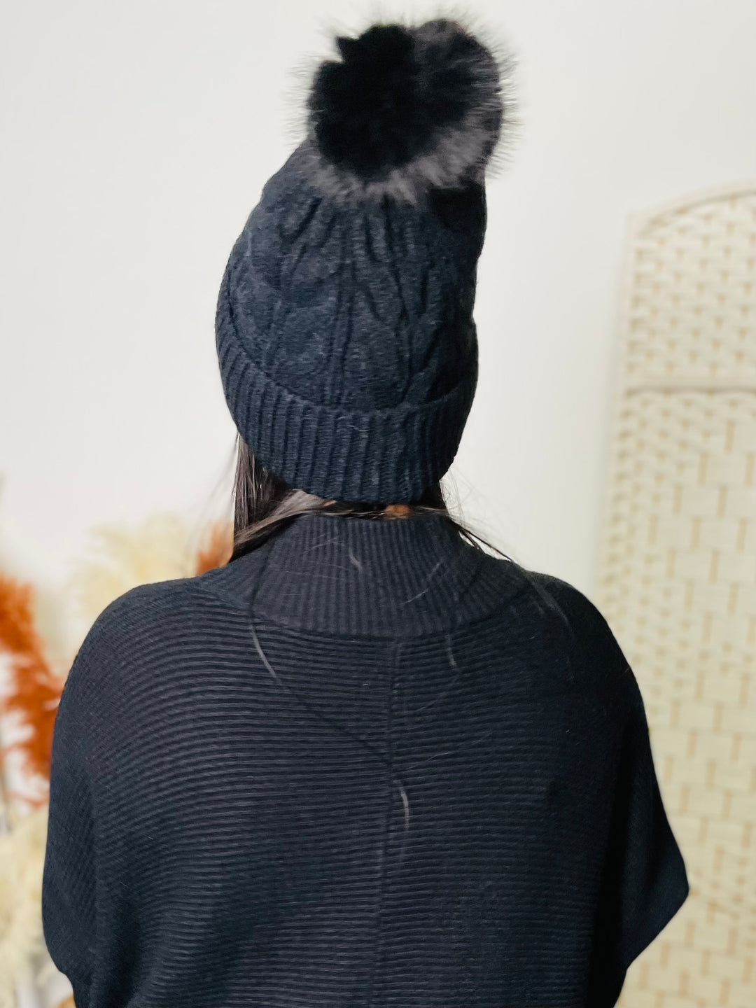 Black Knit Faux Fur Pom Hat