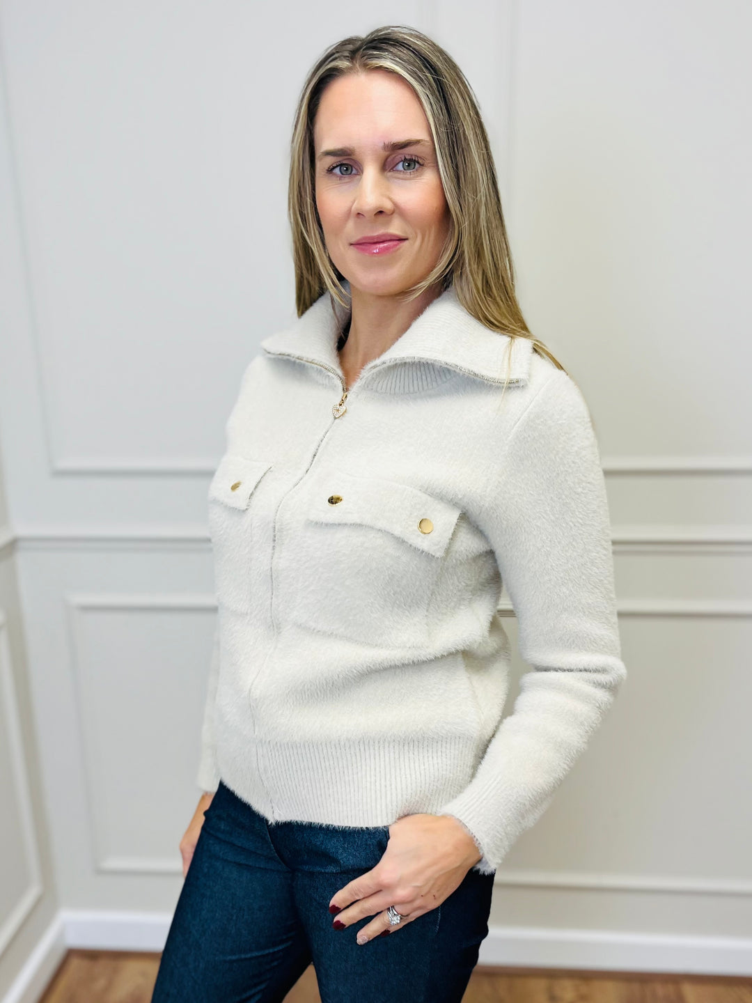 "ERICA" Zip Bomber Jacket-Cream