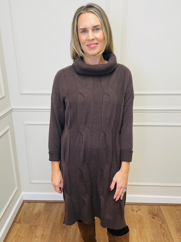 "BELINDA" Cable Knit Roll Neck Dress-Brown