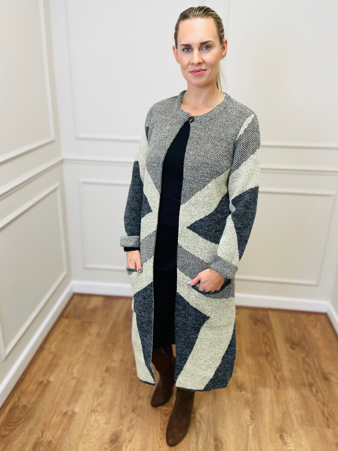 "NANCY" Longline Coatigan-Grey & Stone