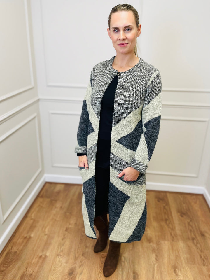 "NANCY" Longline Coatigan-Grey & Stone