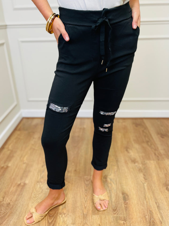 "CARMELA" Sequin Patch MAGIC Trouser-Black