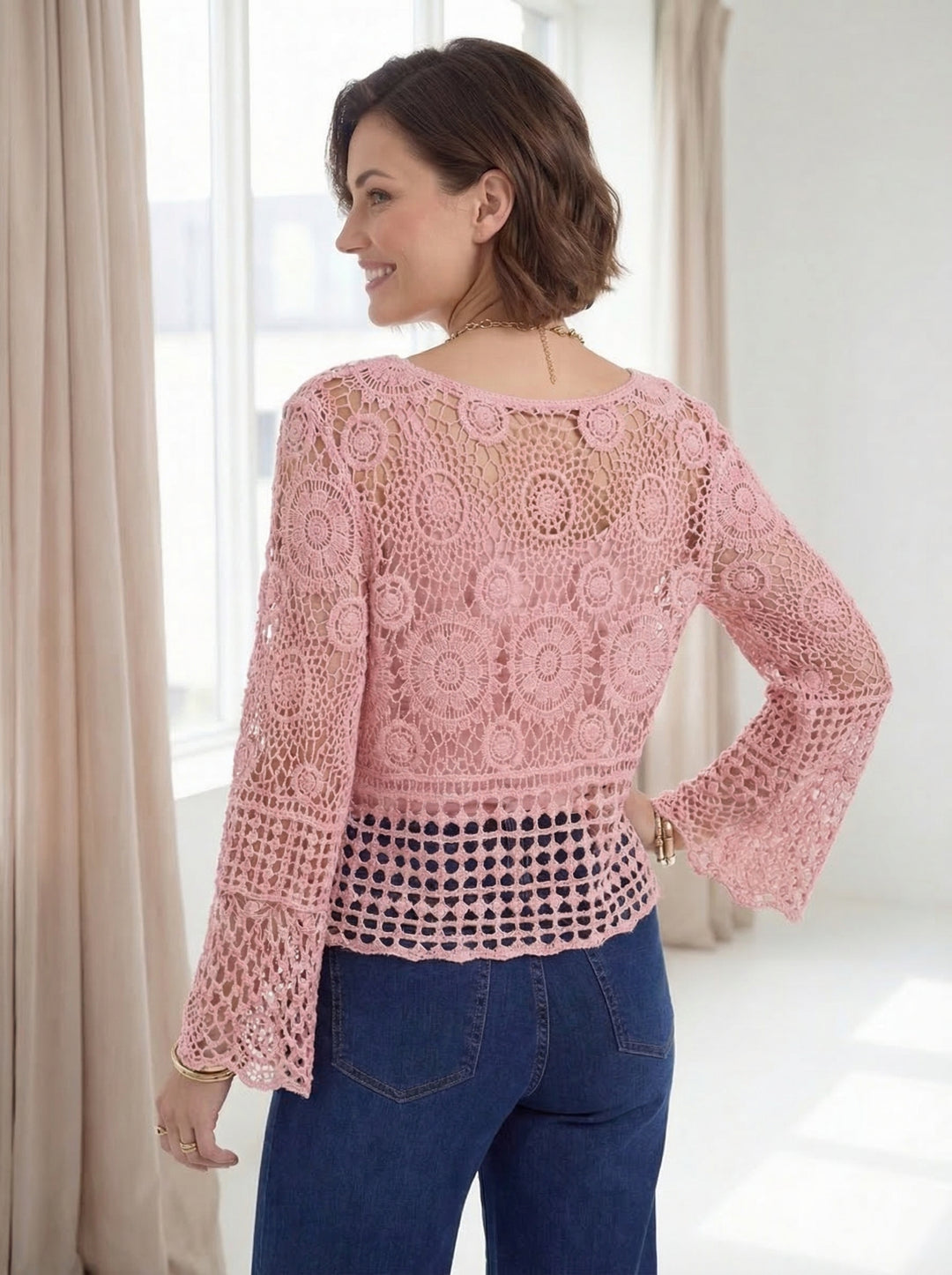 "KATIE” V- Neck Crochet Top  - Blush Pink