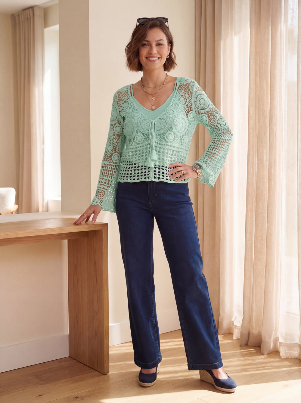 "KATIE” V- Neck Crochet Top  - Mint