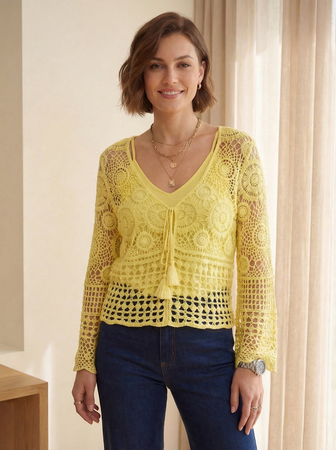 "KATIE” V- Neck Crochet Top  - Yellow