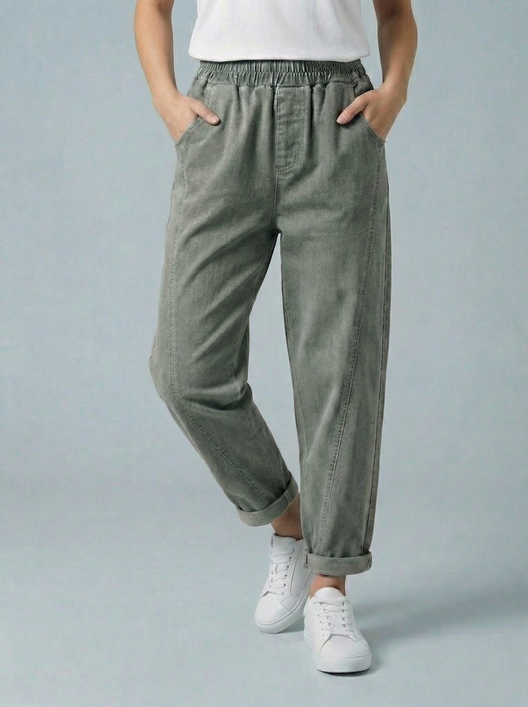 "MARTA” Relaxed Fit Acid Wash Trouser - Khaki Green