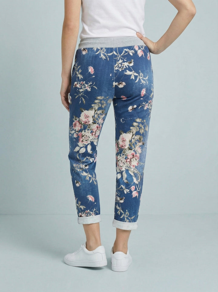 "RIO" Floral Print Magic Trouser - Dark Denim