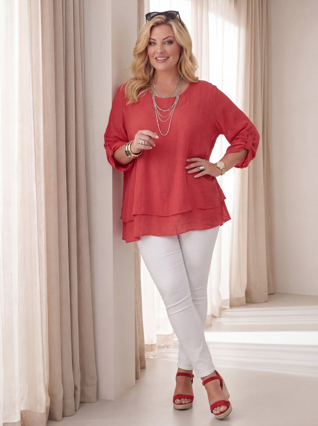 "SCARLETT” Relaced Fit Split Back Top - Coral