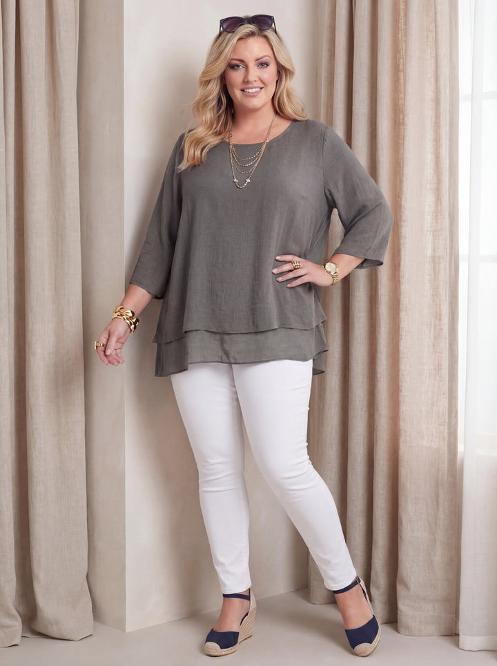 "SCARLETT” Relaced Fit Split Back Top - Grey