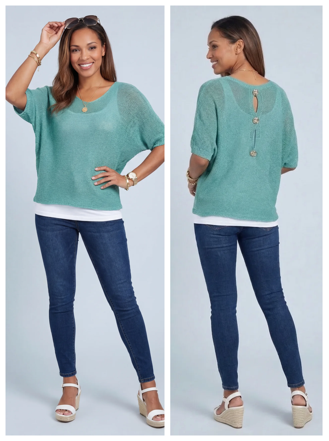 “TIFFANY” Button Back Fine Knit Top - Mint