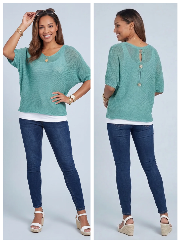 “TIFFANY” Button Back Fine Knit Top - Mint