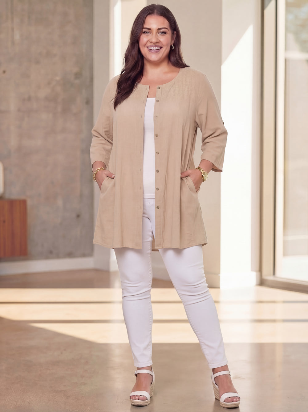 "WENDY” Cotton Button Back Tunic / Shacket - Beige