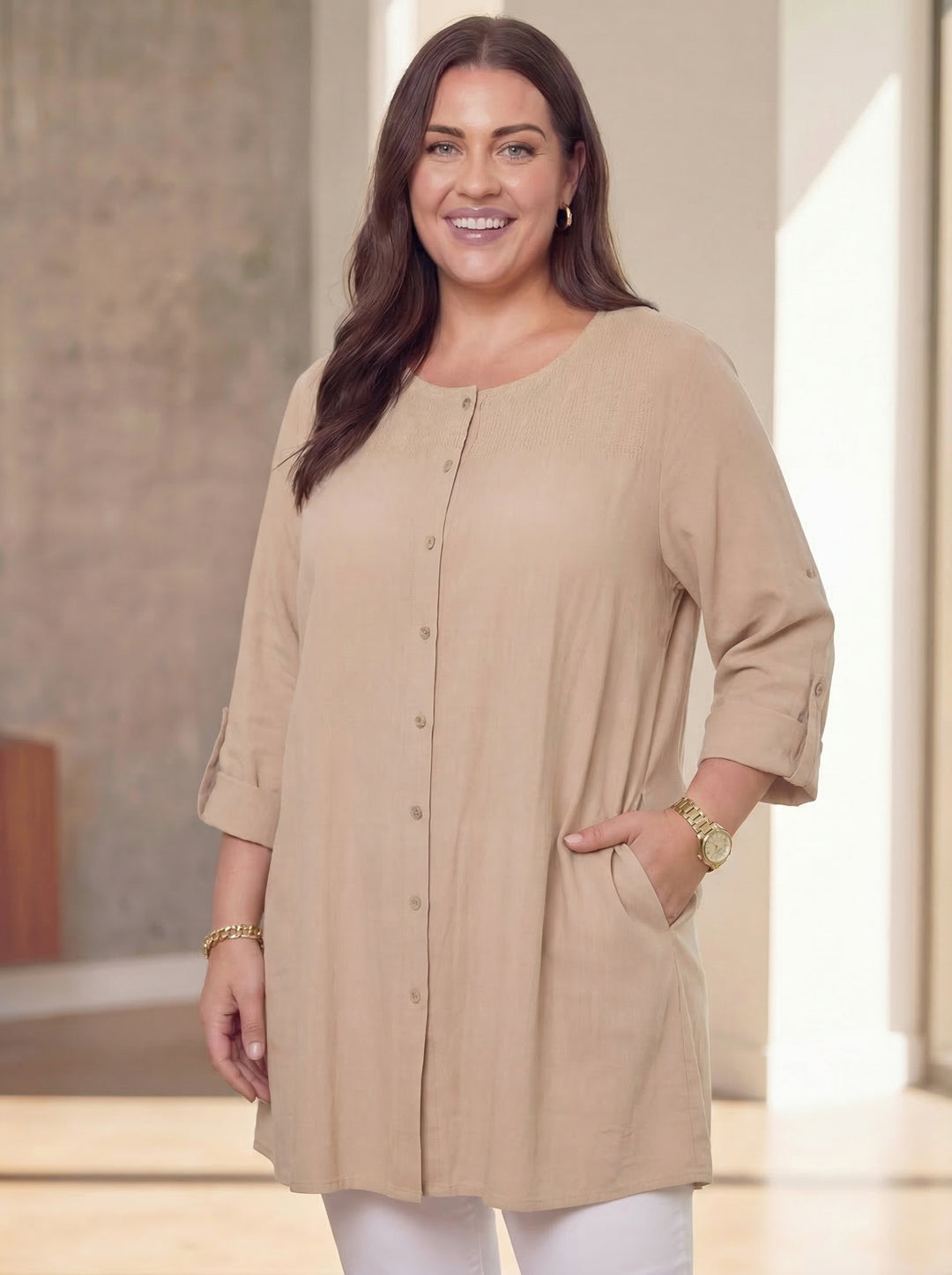 "WENDY” Cotton Button Back Tunic / Shacket - Beige