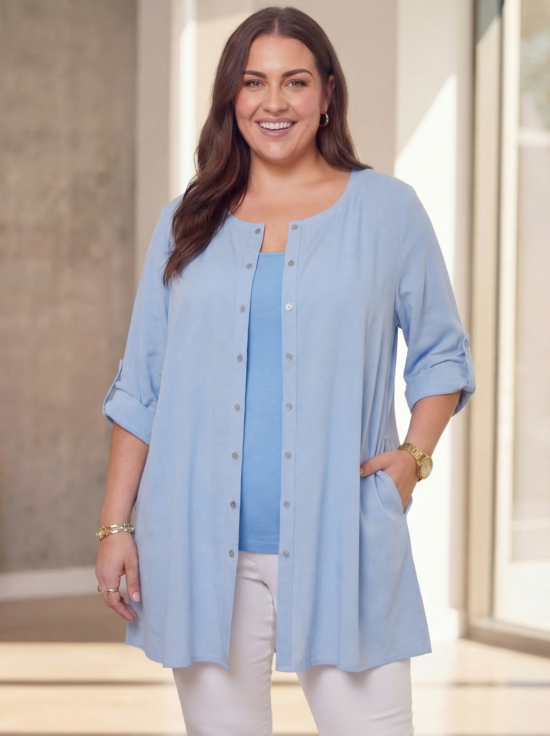 "WENDY” Cotton Button Back Tunic / Shacket - Sky Blue