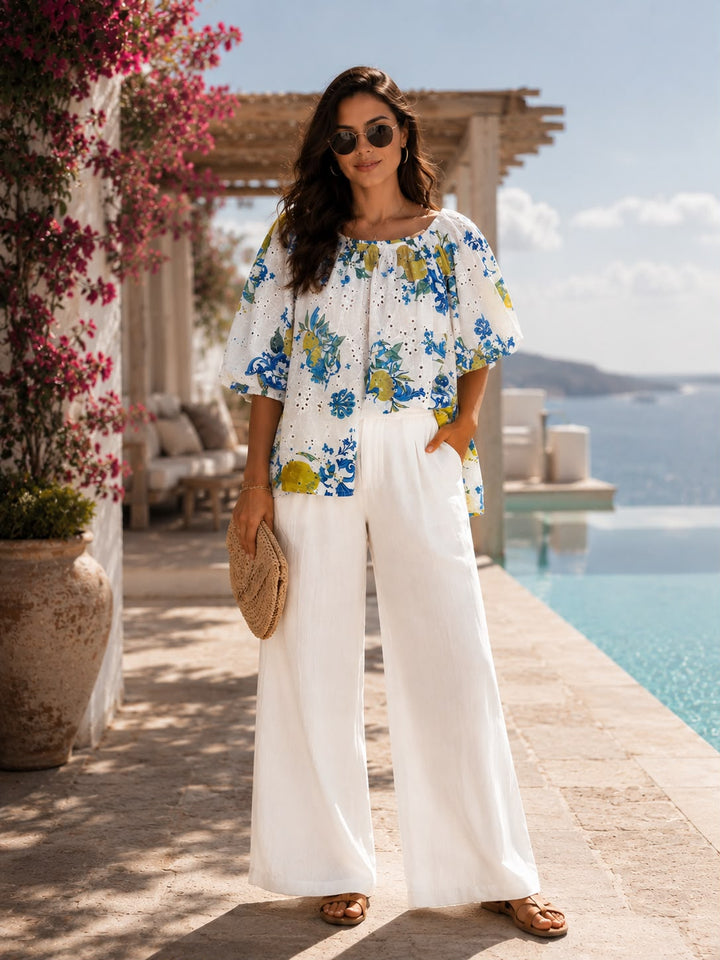 “JOANNA” Mediterranean Inspired Bardeoux Top white