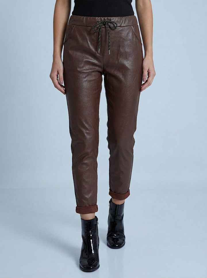 "CARMELA" Pleather Trouser-Brown