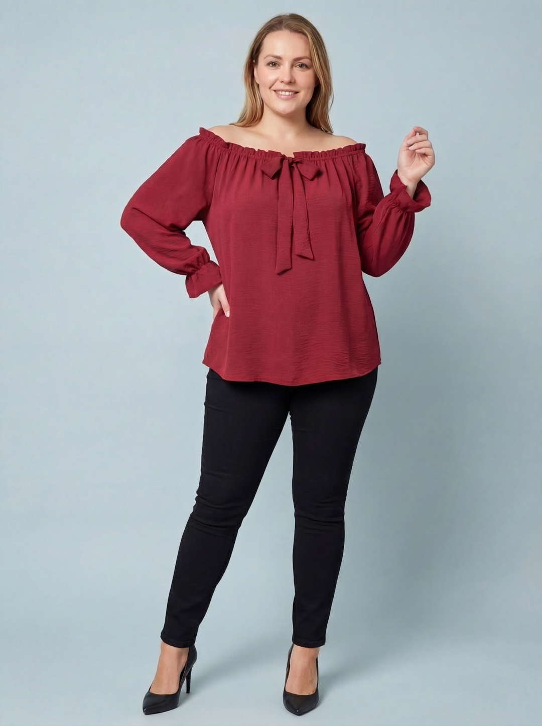 “AMY” Bardot Off Shoulder Blouse - Burgundy