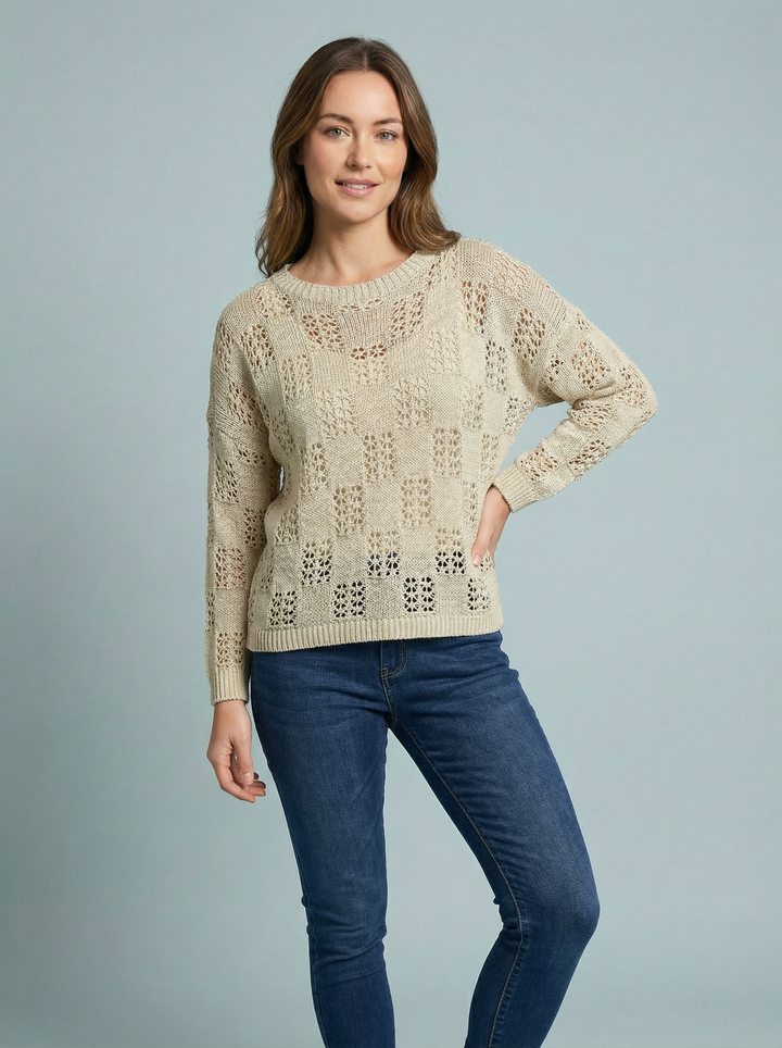 “VANESSA” Crochet Fine Knit Top - Beige