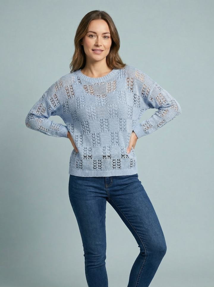 “VANESSA” Crochet Fine Knit Top - Sky Blue