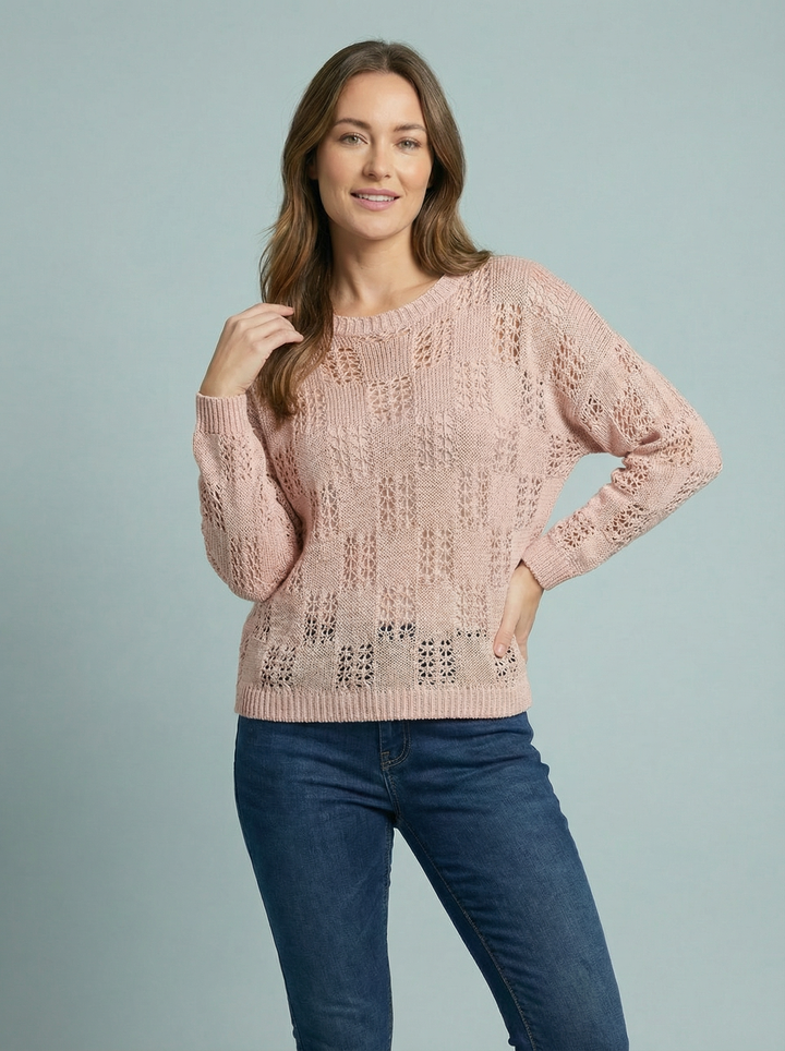 “VANESSA” Crochet Fine Knit Top - Blush Pink