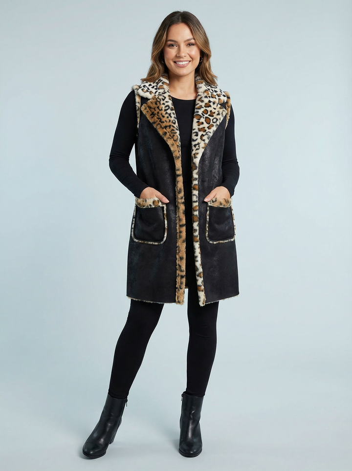 “JENNY” Animal Print Gilet - Black / Tan