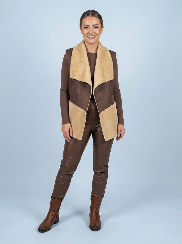 “LEANNE” Faux Suede Gilet - Brown / Camel