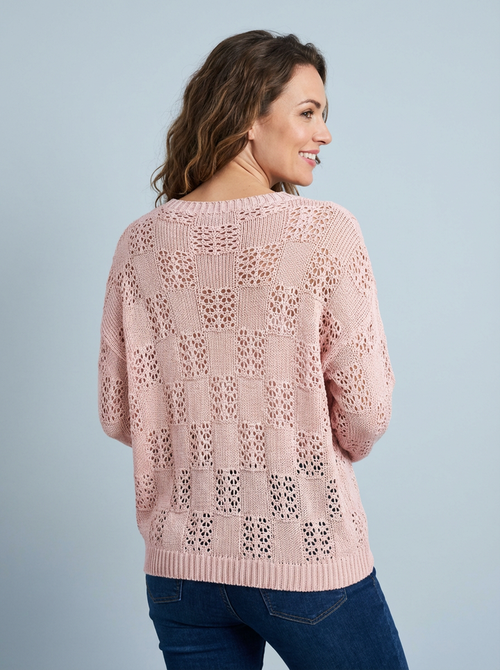 “VANESSA” Crochet Fine Knit Top - Blush Pink