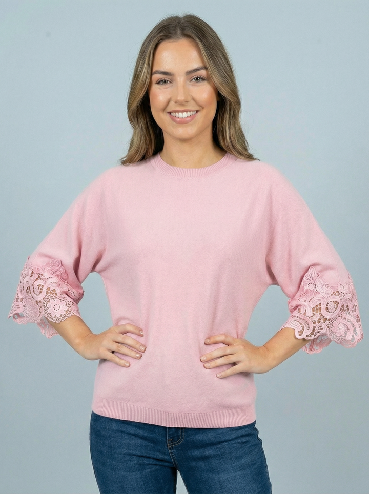 "KENZIE” Lace Sleeve Fine Knit Top - Pink