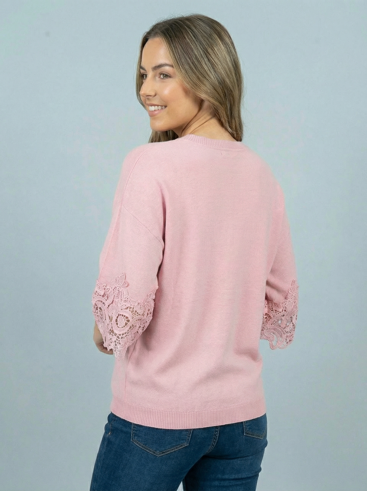 "KENZIE” Lace Sleeve Fine Knit Top - Pink