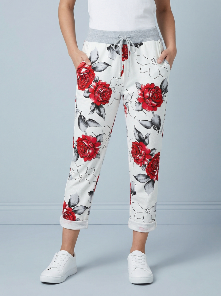 "RIO" Floral Print Magic Trouser - White & Red