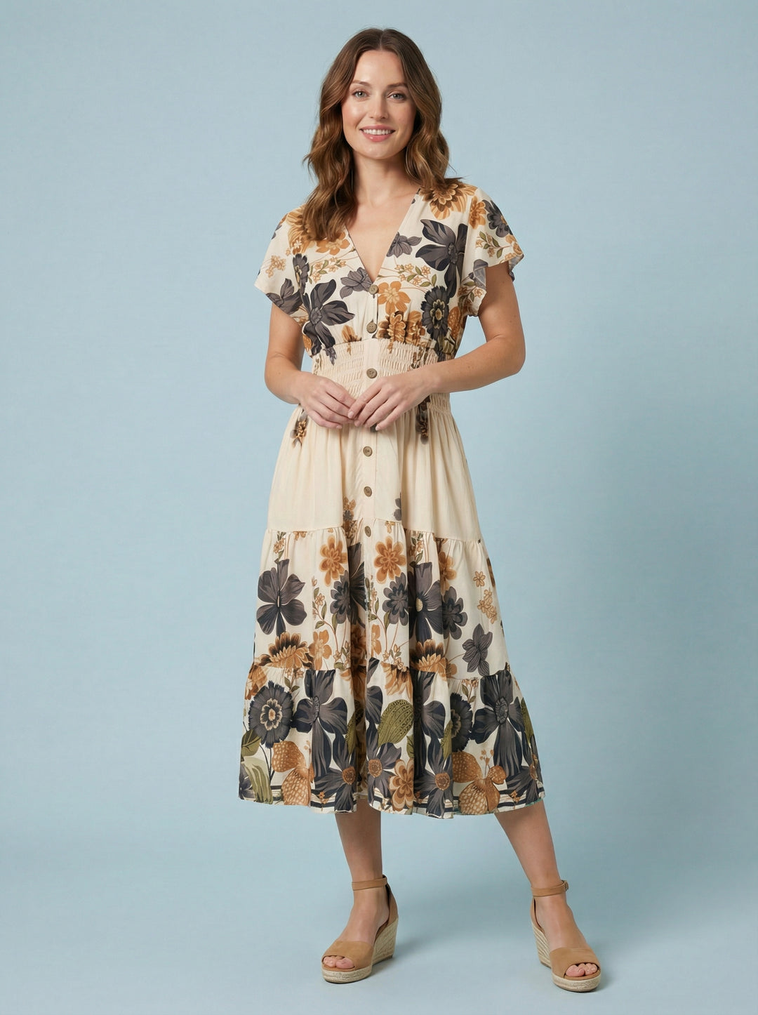 "MARIE" Floral Print Dress - Grey/Tan
