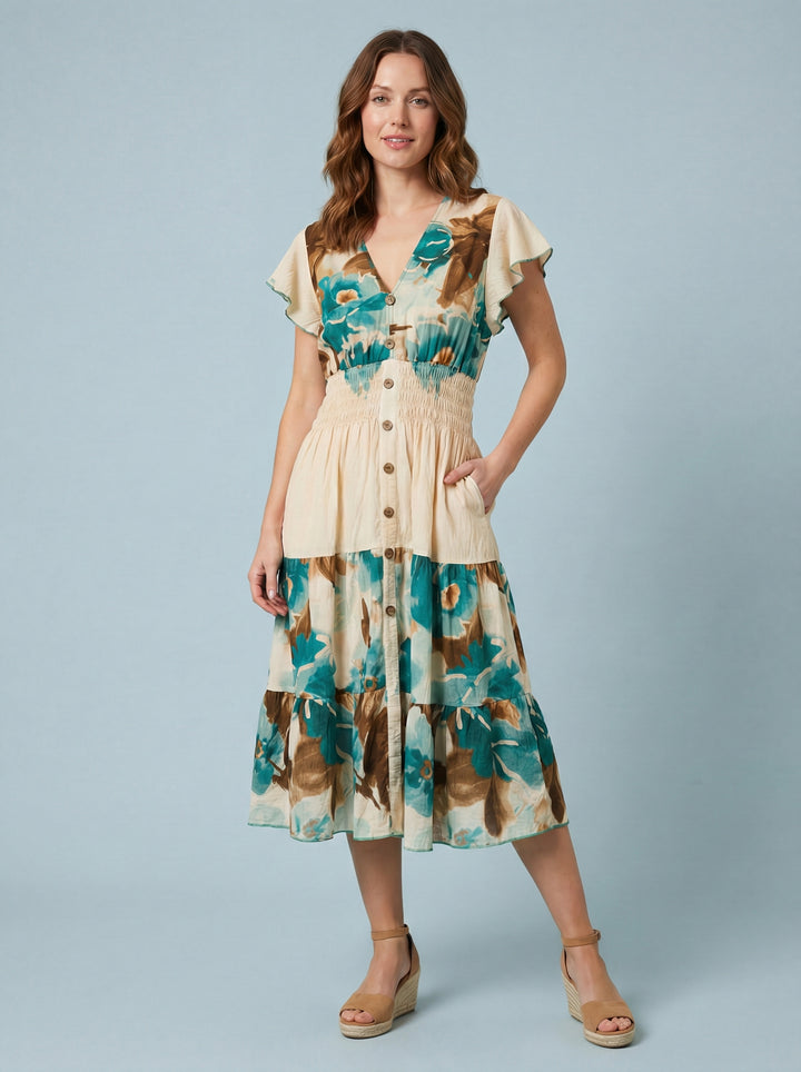 "MARIE" Floral Print Dress - Cream/ Turquoise