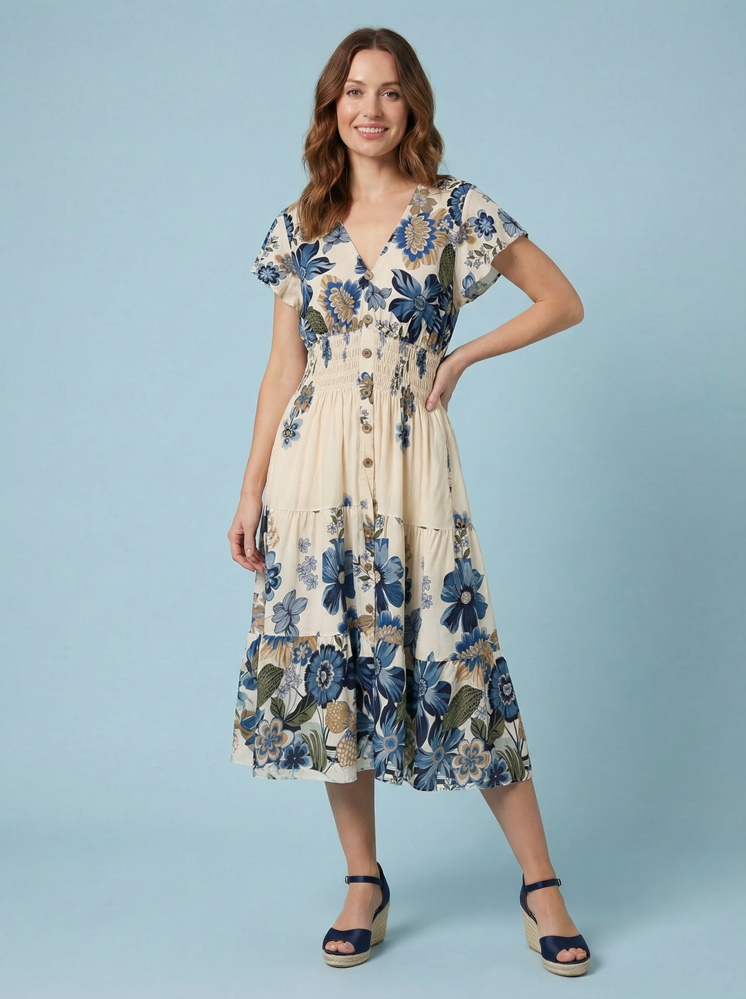 "MARIE" Floral Print Dress - Cream / Blue
