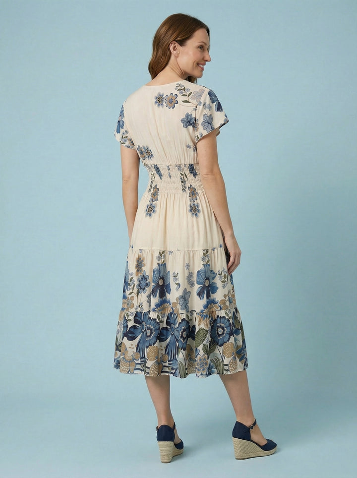 "MARIE" Floral Print Dress - Cream / Blue