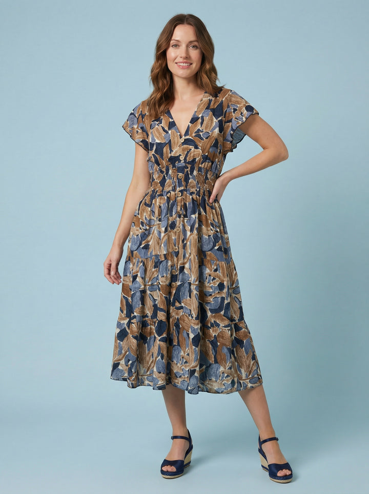 "MARIE" Floral Print Dress - Navy / Tan