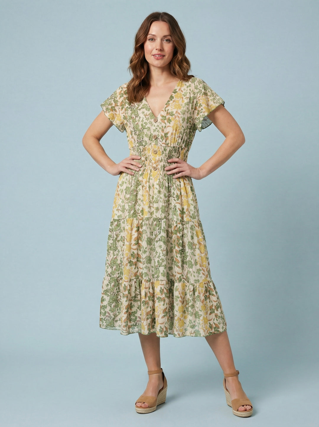 "MARIE" Floral Print Dress - Green / Yellow