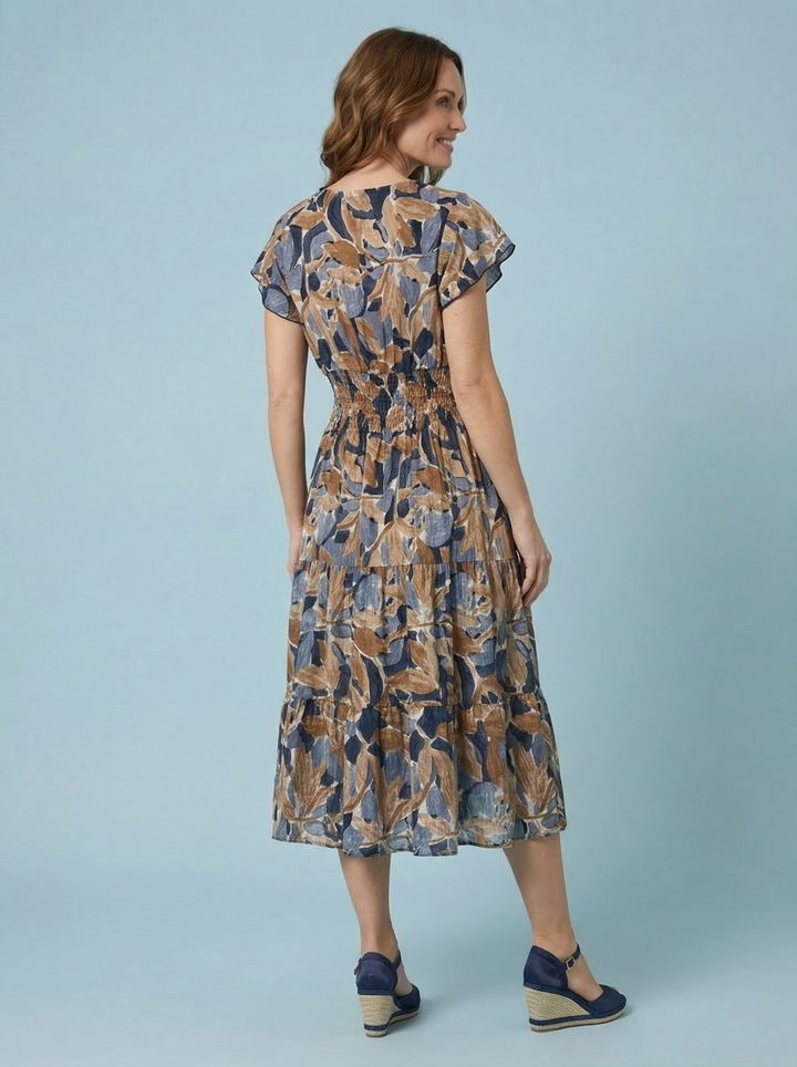 "MARIE" Floral Print Dress - Navy / Tan