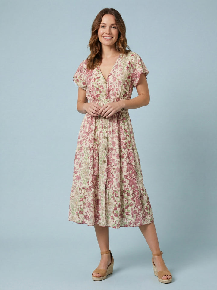"MARIE" Floral Print Dress - Pink / Green