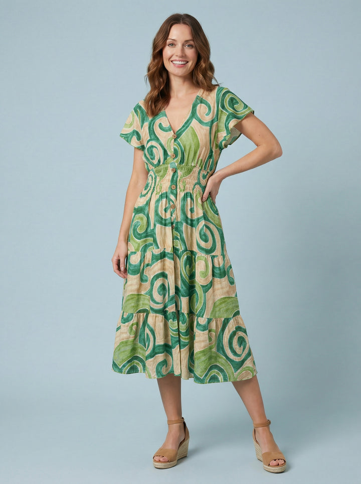 "MARIE" Abstract Print Dress - Green / Cream