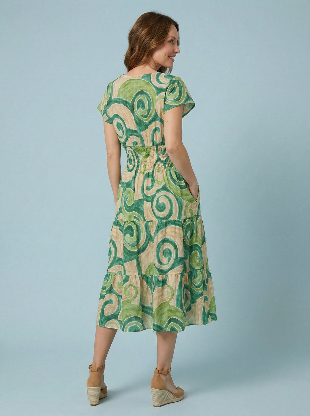 "MARIE" Abstract Print Dress - Green / Cream