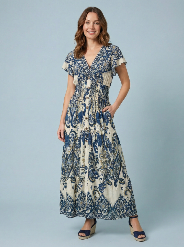 "PEYTON" Artistic Print Maxi Dress - Navy / Cream