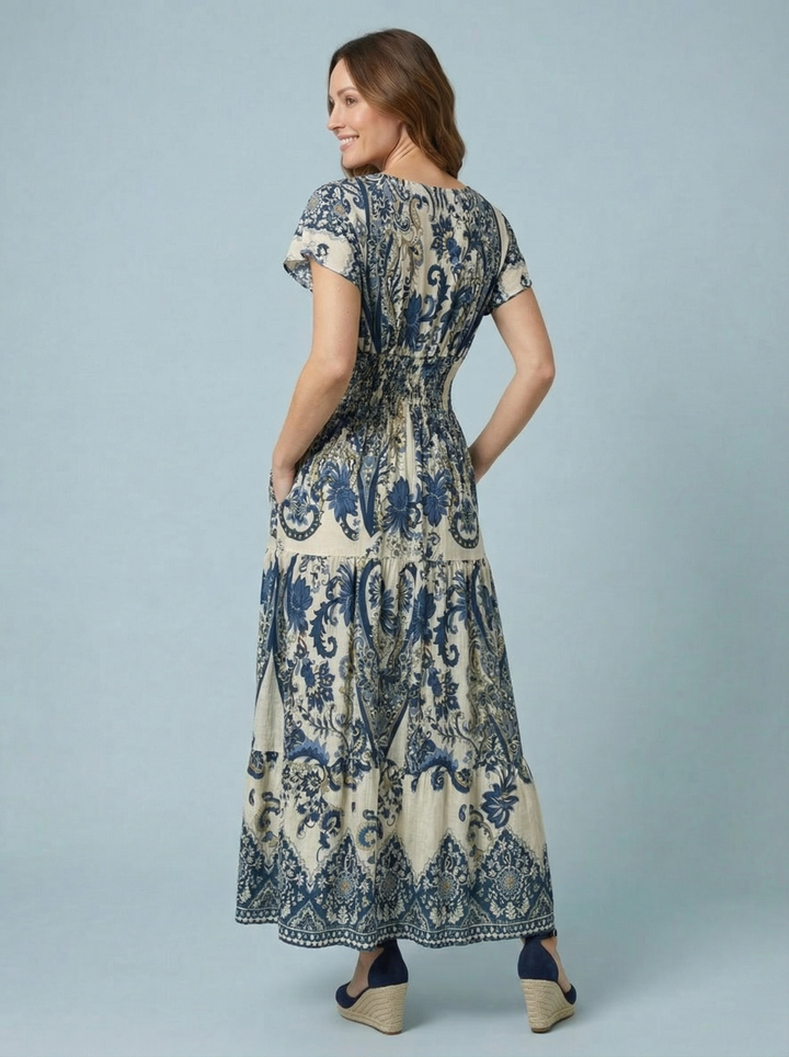 "PEYTON" Artistic Print Maxi Dress - Navy / Cream
