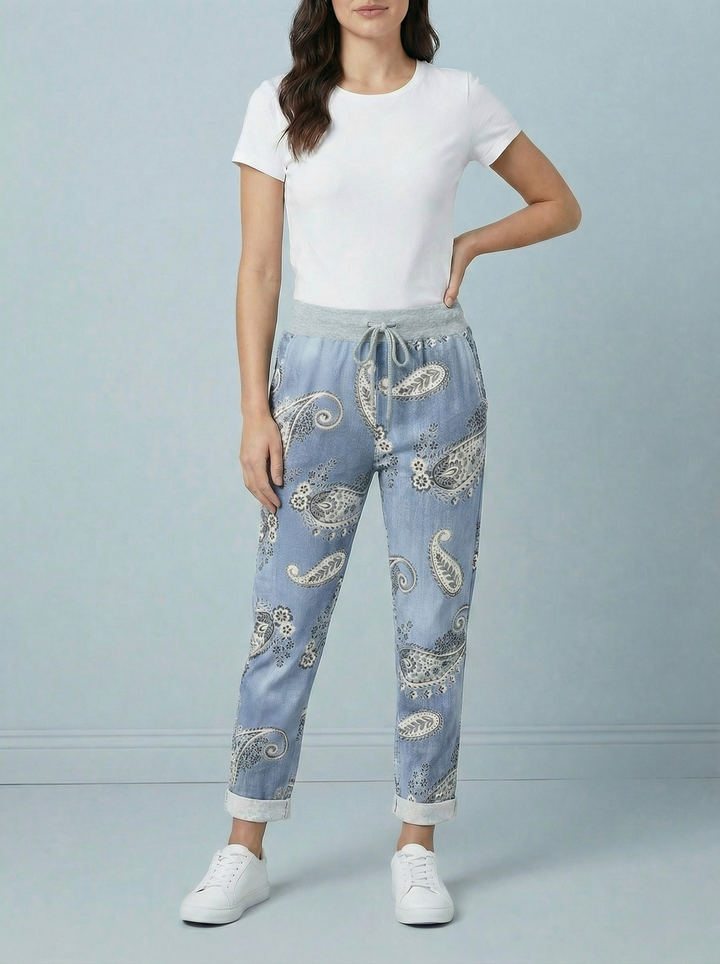 "RIO" Magic Trouser - Paisley Print - Light Denim