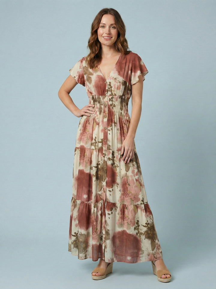 "PEYTON" Artistic Print Maxi Dress - Salmon / Tan