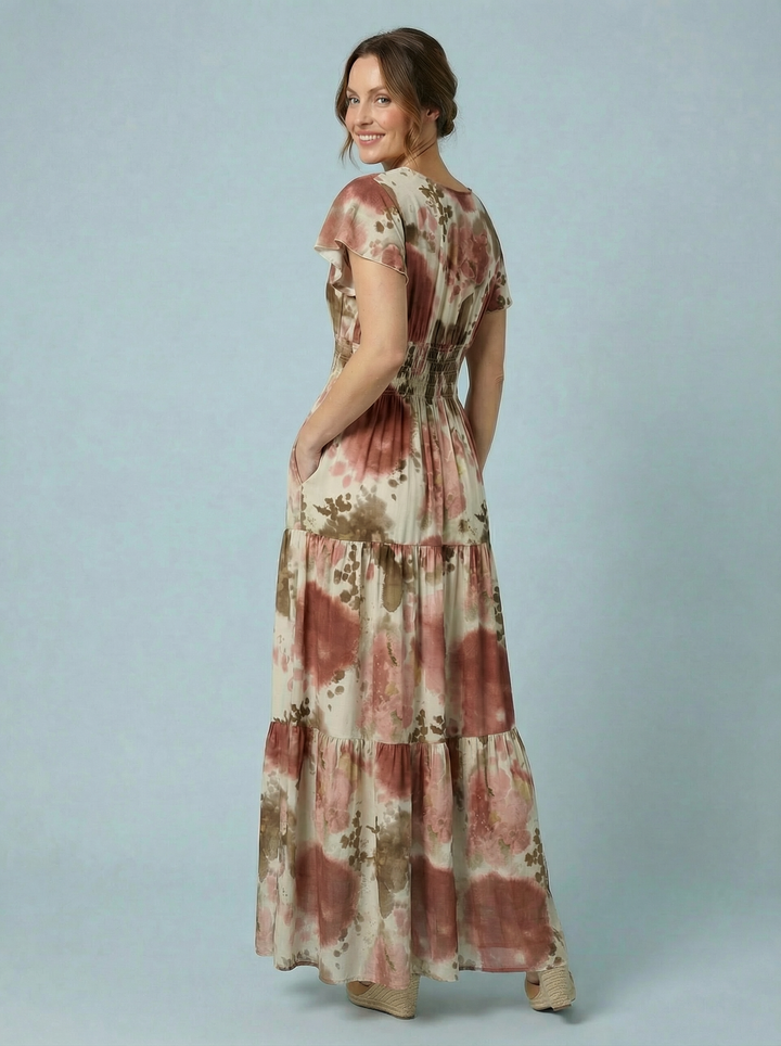 "PEYTON" Artistic Print Maxi Dress - Salmon / Tan