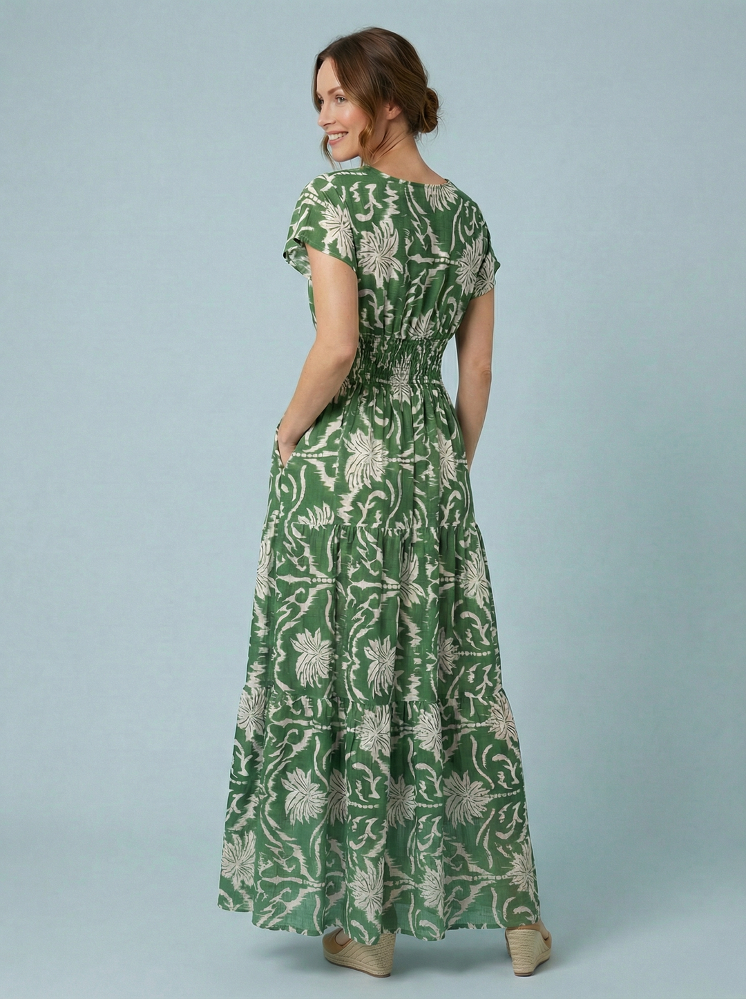 "PEYTON" Artistic Print Maxi Dress - Green / Cream
