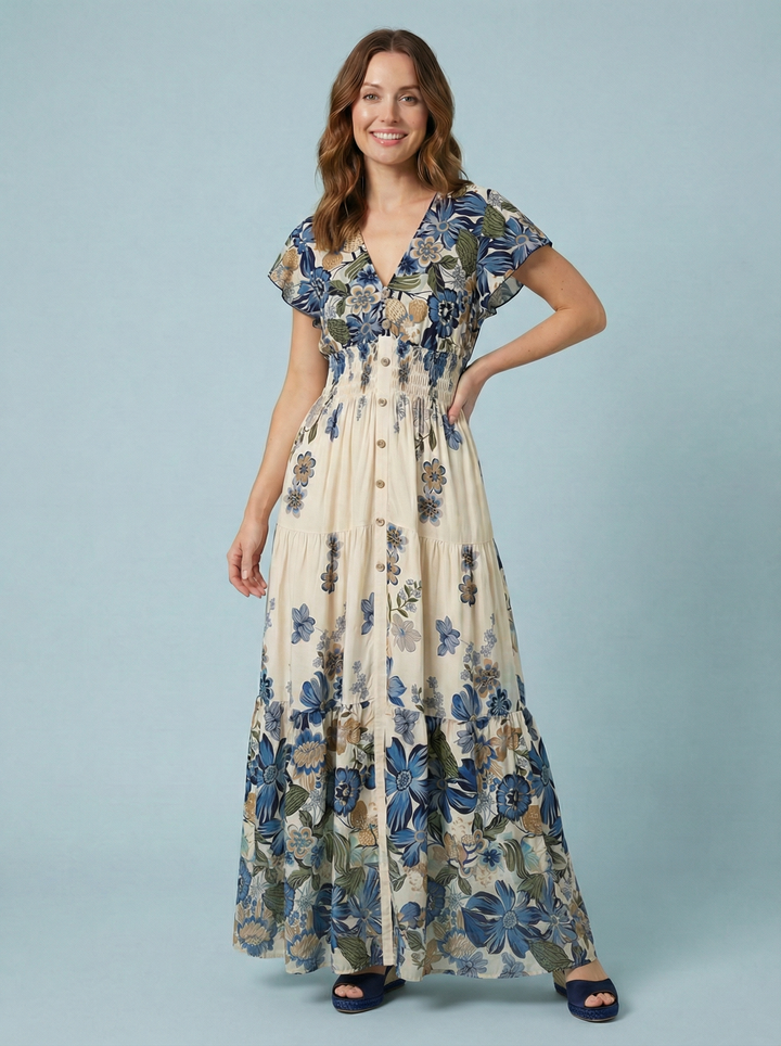 "PEYTON" Artistic Print Maxi Dress - Navy / Cream