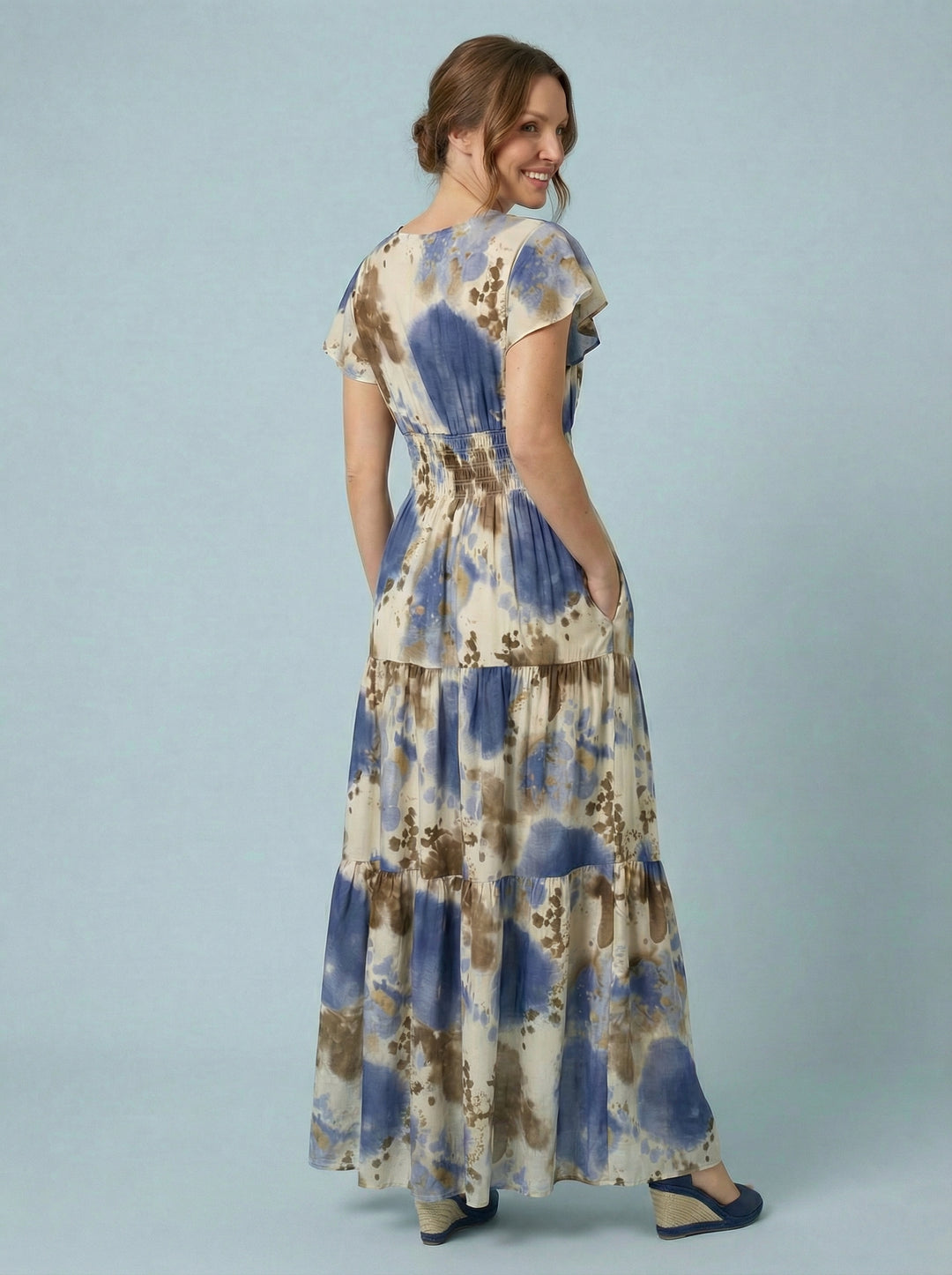"PEYTON" Artistic Print Maxi Dress- Denim / Tan